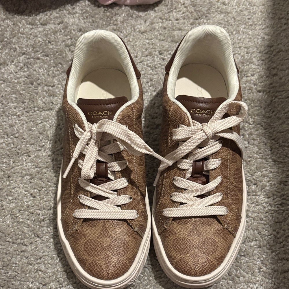 Coach logo Tan Patterned Sneakers with Cream Laces